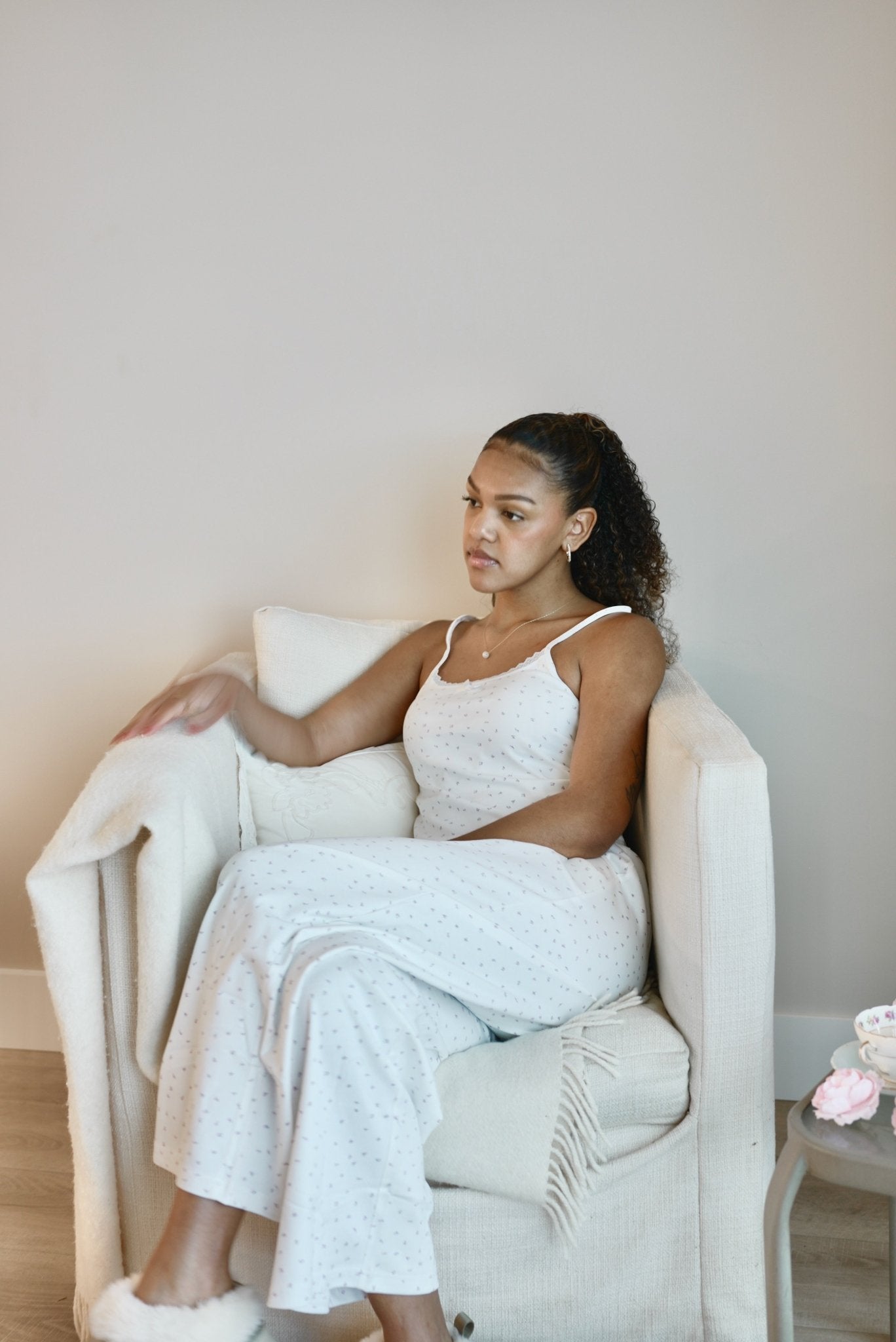 Isla Lune premium cotton pajama set - The Love Letter Pants sleepwear for women, sitting, dainty flower pattern, soft cozy loungewear