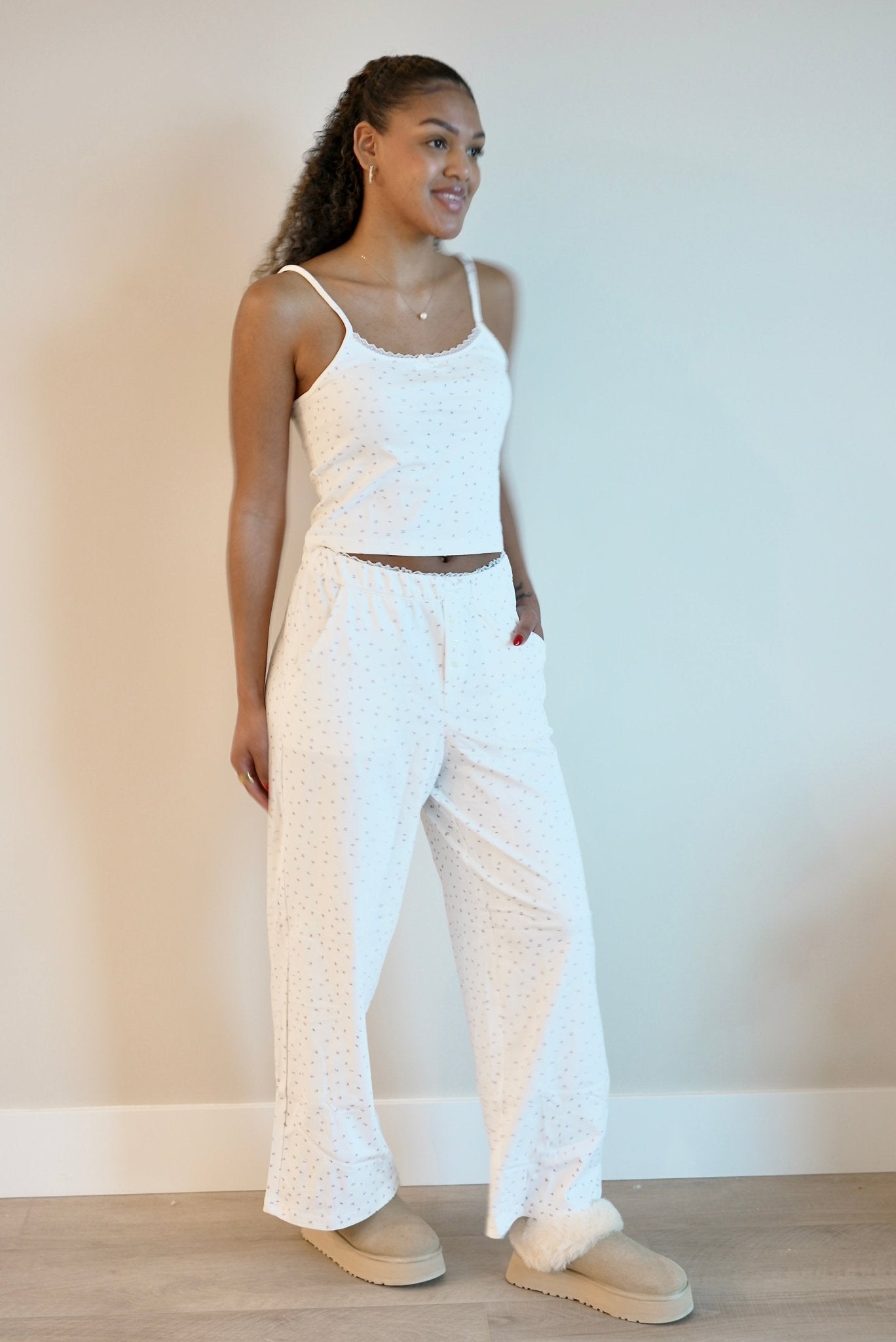Isla Lune premium cotton pajama set - The Love Letter Pants sleepwear for women, standing, comfy soft loungewear, dainty flower pattern, lace trim and bow detail
