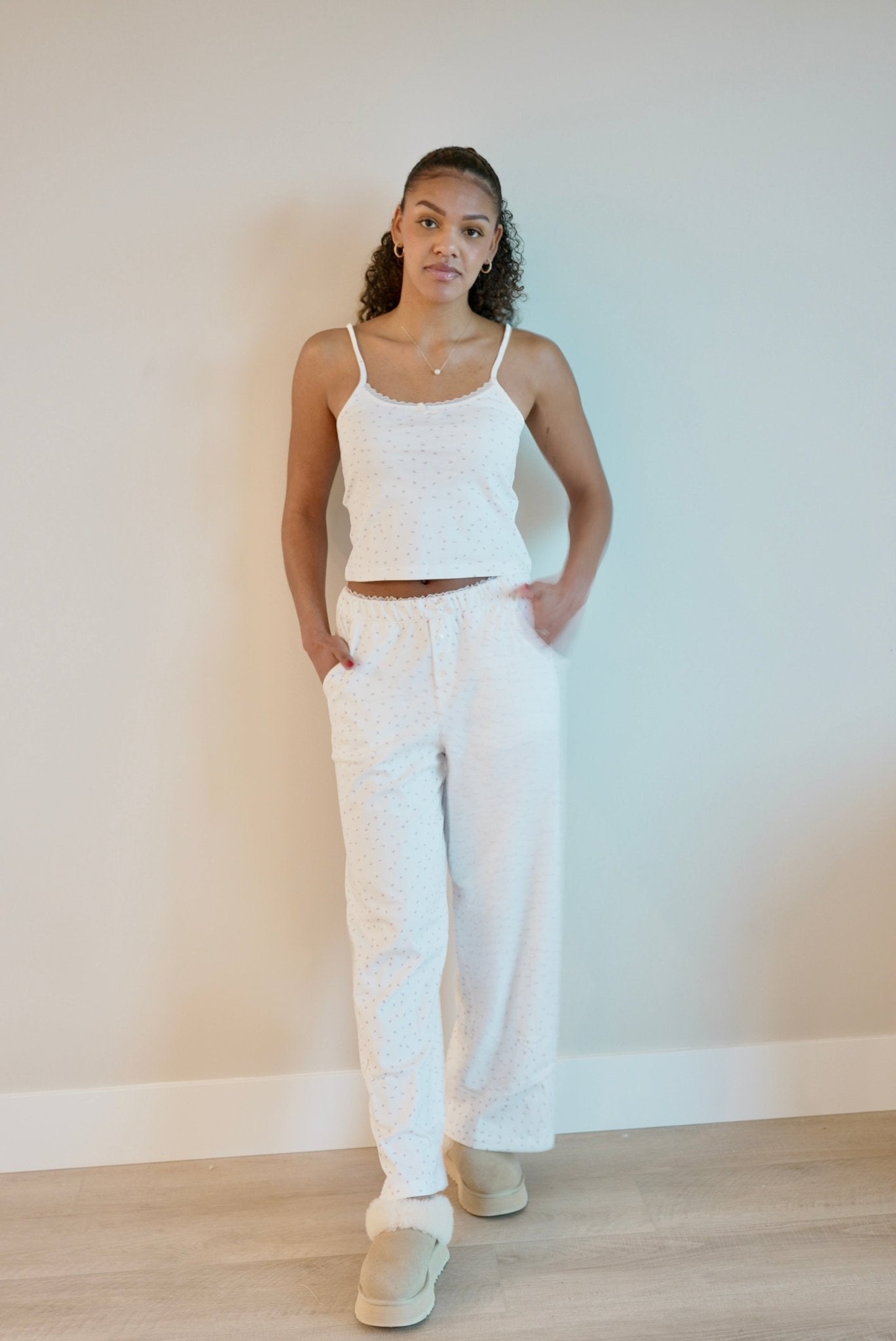 Isla Lune premium cotton pajama set - The Love Letter Top sleepwear for women, standing, dainty floral, soft comfy loungewear, lace trim and bow details