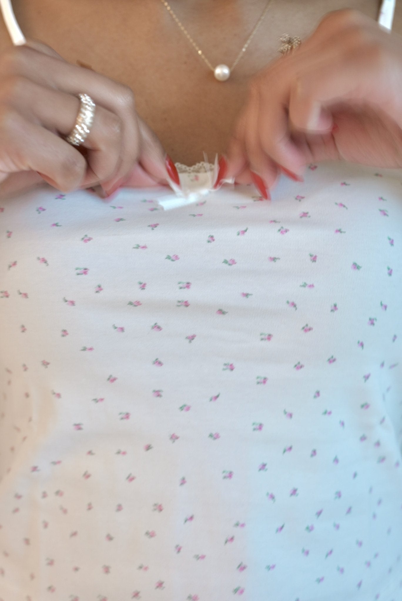 Isla Lune premium cotton pajama set - The Love Letter Top sleepwear for women, detail close up shot, dainty floral, soft comfy loungewear, lace trim and bow details