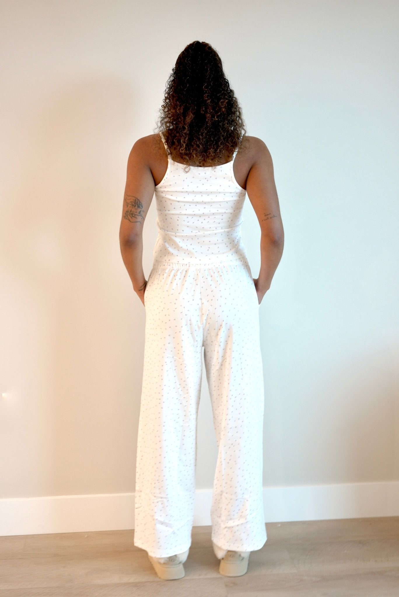 Isla Lune premium cotton pajama set - The Love Letter Top sleepwear for women, back view, dainty floral, soft comfy loungewear, lace trim and bow details