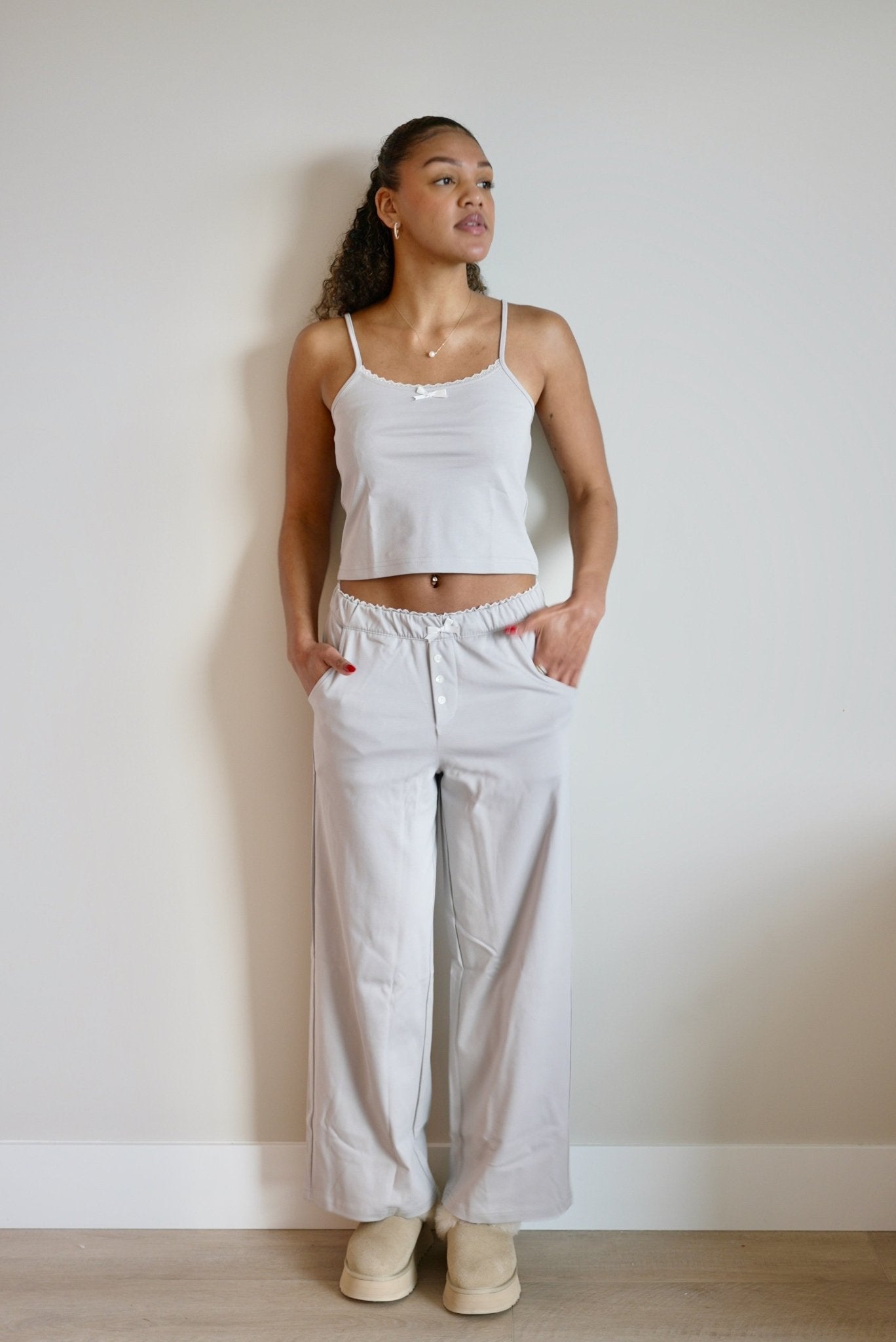Isla Lune premium cotton pajama set - The Moonmilk Pants sleepwear for women, full body shot, grey pajama top and bottom with lace trim and bow detail