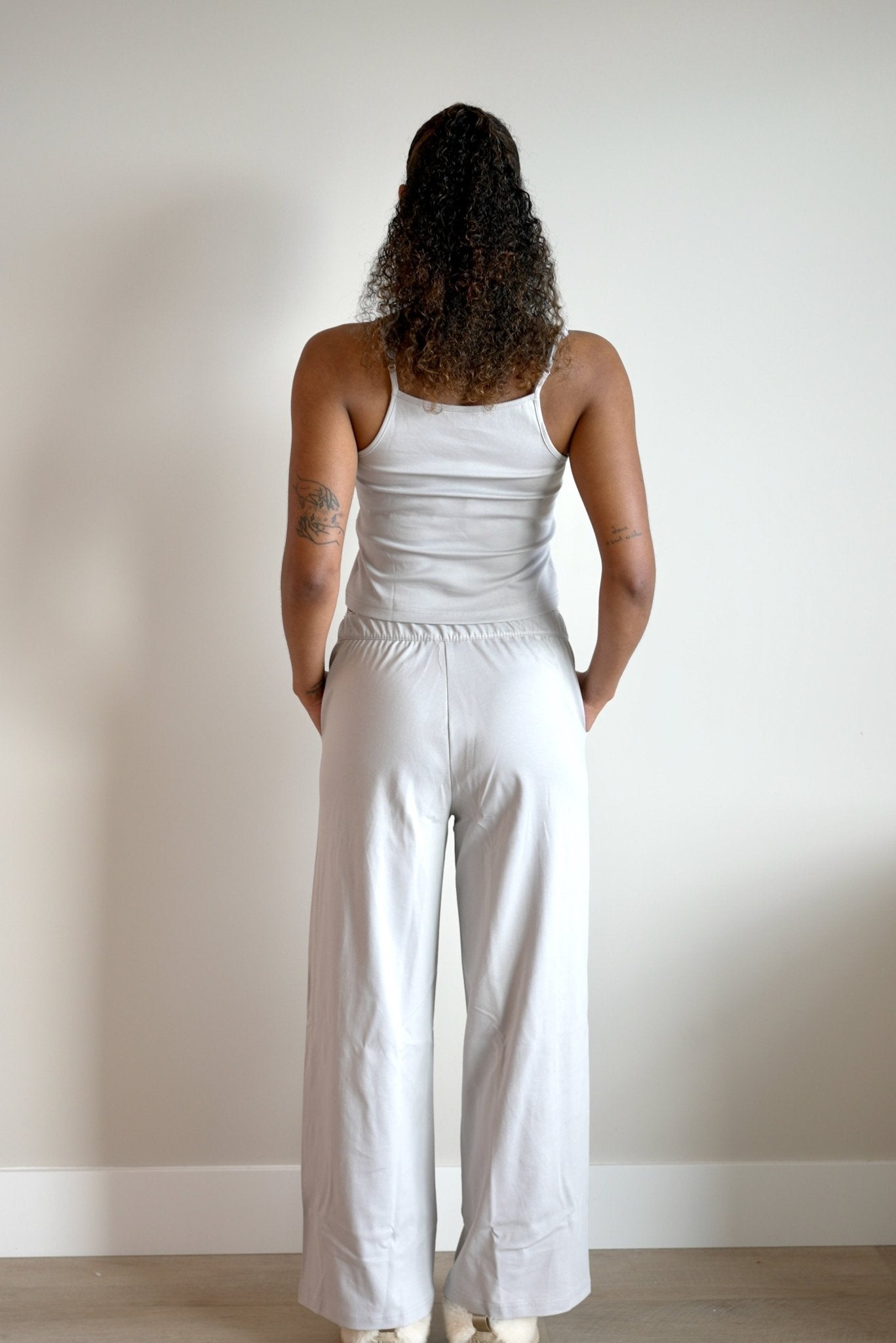 Isla Lune premium cotton pajama set - The Moonmilk Pants sleepwear for women, back view of grey pajama set, soft comfy loungewear 