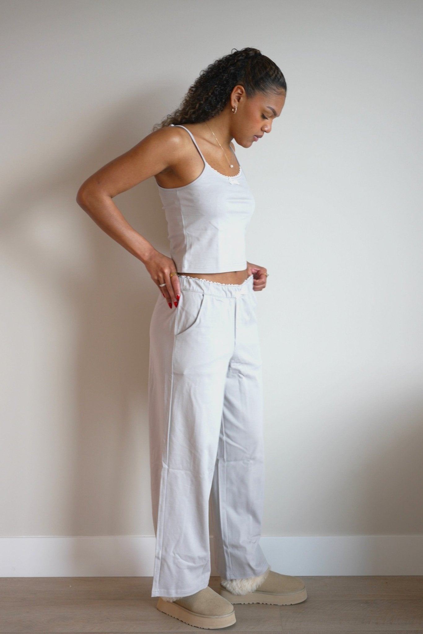 Isla Lune premium cotton pajama set - The Moonmilk Pants sleepwear for women,  grey pajama top and bottom loungewear with lace trim and bow detail