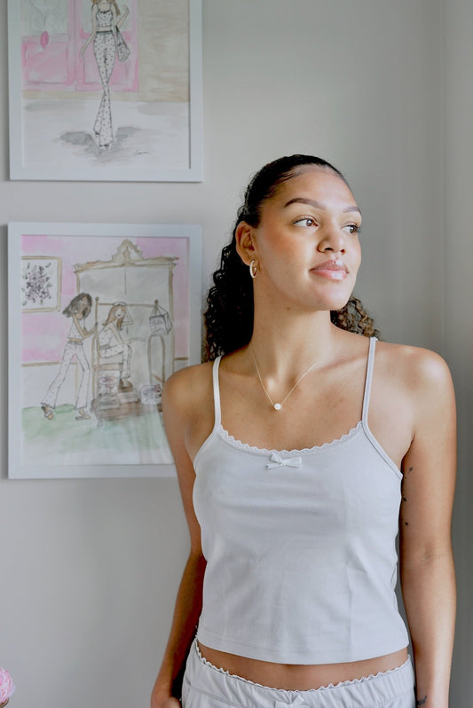 Isla Lune premium cotton pajama set - The Moonmilk Top sleepwear for women, comfy loungewear with bow detail and lace trim