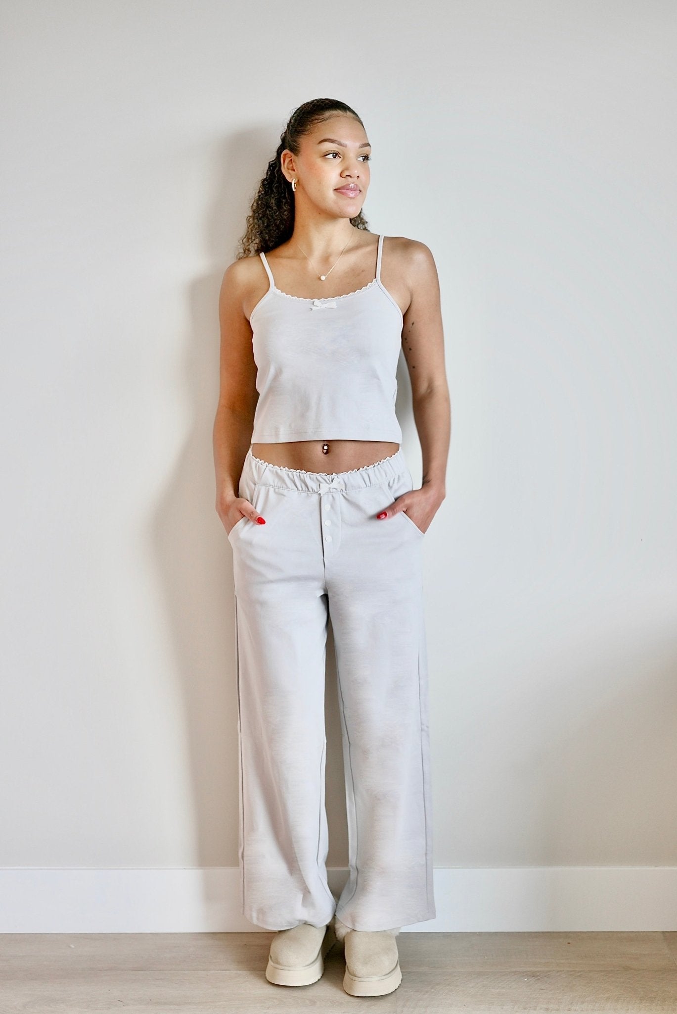 Isla Lune premium cotton pajama set - The Moonmilk Top sleepwear for women, comfy loungewear with bow detail and lace trim, full body shot