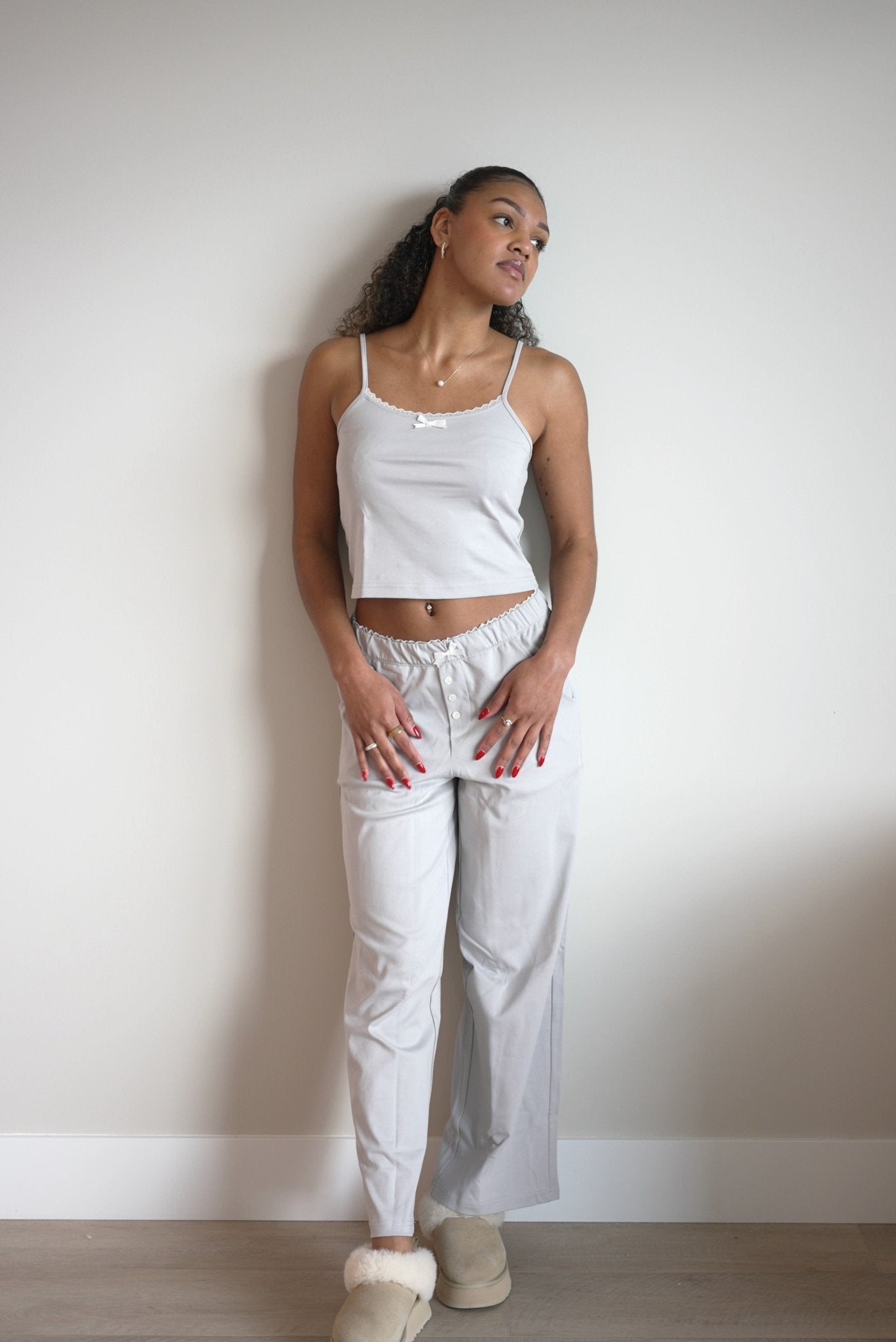 Isla Lune premium cotton pajama set - The Moonmilk Top sleepwear for women, grey soft comfy loungewear with bow and lace detail 