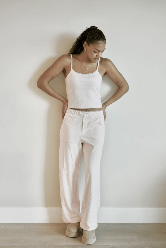 Isla Lune premium cotton pajama set - The Raspberry Pants sleepwear for women, light pink, pajama set with lace trim and bow detail, comfy soft loungewear, full body shot