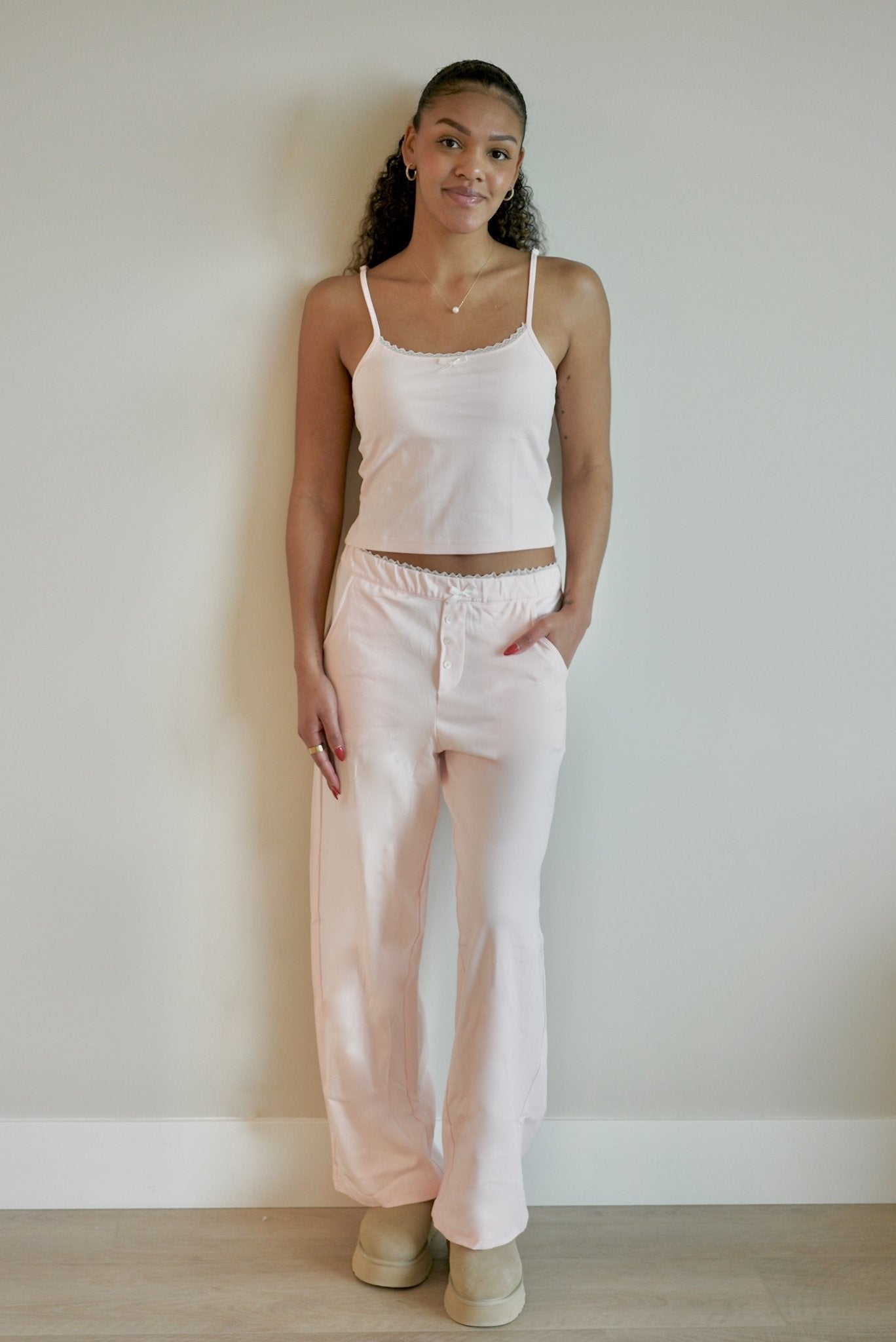 Isla Lune premium cotton pajama set - The Raspberry Top sleepwear for women, soft pink tank top and bottom with lace detail